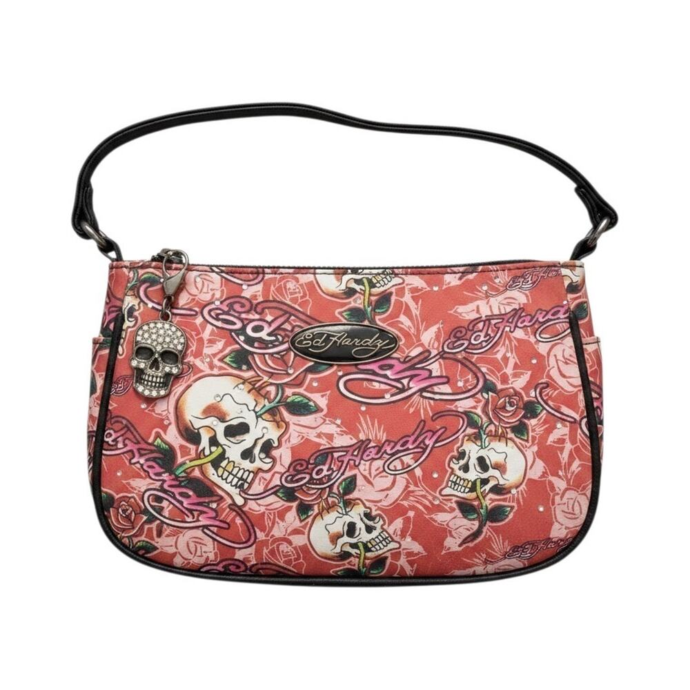Ed Hardy Convertible Wristlet Purse & Key Ring Red Skull Roses Y2K NWT